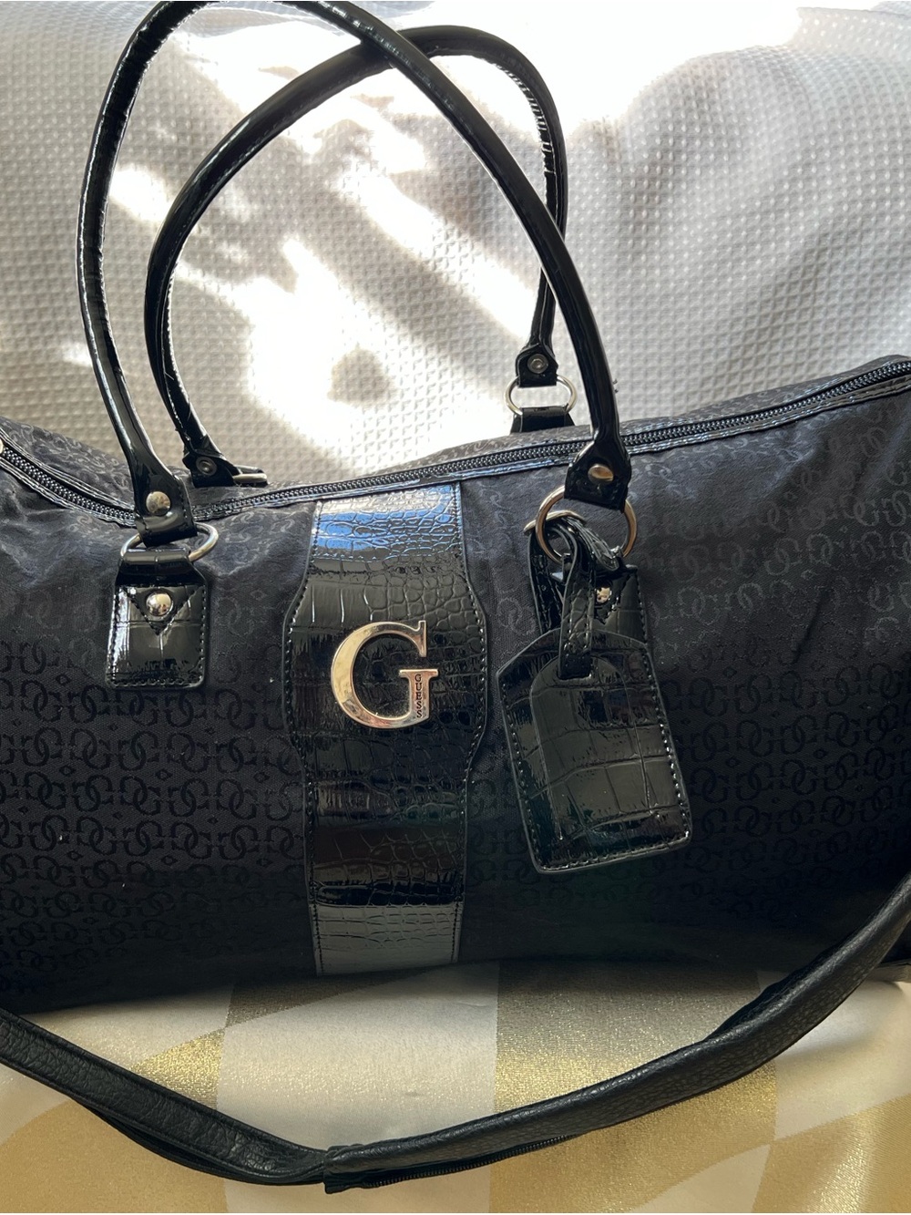 Guess Black Croc-Trim Travel Duffel with G Emblem